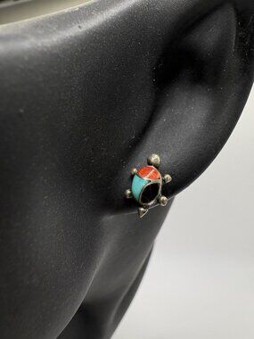 Vintage Native 925 Sterling Silver Turtle Stud Earrings Inlaid Turquoise Coral